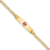 14K Medical Semi-Solid Chain/Solid Plate 26x7mm Soft Diamond Shape Centered Red Enamel Anchor Link 7 inch ID Bracelet