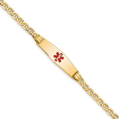 14K Medical Semi-Solid Chain/Solid Plate 26x7mm Soft Diamond Shape Centered Red Enamel Anchor Link 7 inch ID Bracelet