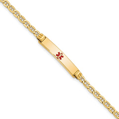 14K Medical Semi-Solid Chain/Solid Plate 26x5mm Centered Red Enamel Anchor Link 7 inch ID Bracelet