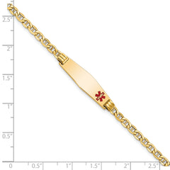 14K Medical Semi-Solid Chain/Solid Plate 26x7mm Soft Diamond Shape Off-Center Red Enamel Anchor Link 7 inch ID Bracelet
