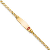14K Medical Semi-Solid Chain/Solid Plate 26x7mm Soft Diamond Shape Off-Center Red Enamel Anchor Link 7 inch ID Bracelet