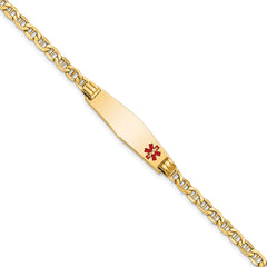 14K Medical Semi-Solid Chain/Solid Plate 26x7mm Soft Diamond Shape Off-Center Red Enamel Anchor Link 7 inch ID Bracelet