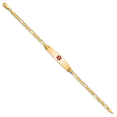 14K Medical Solid Chain/Solid Plate Soft Diamond Shape 33x8mm Centered Red Enamel Flat Figaro Link 8 inch ID Bracelet