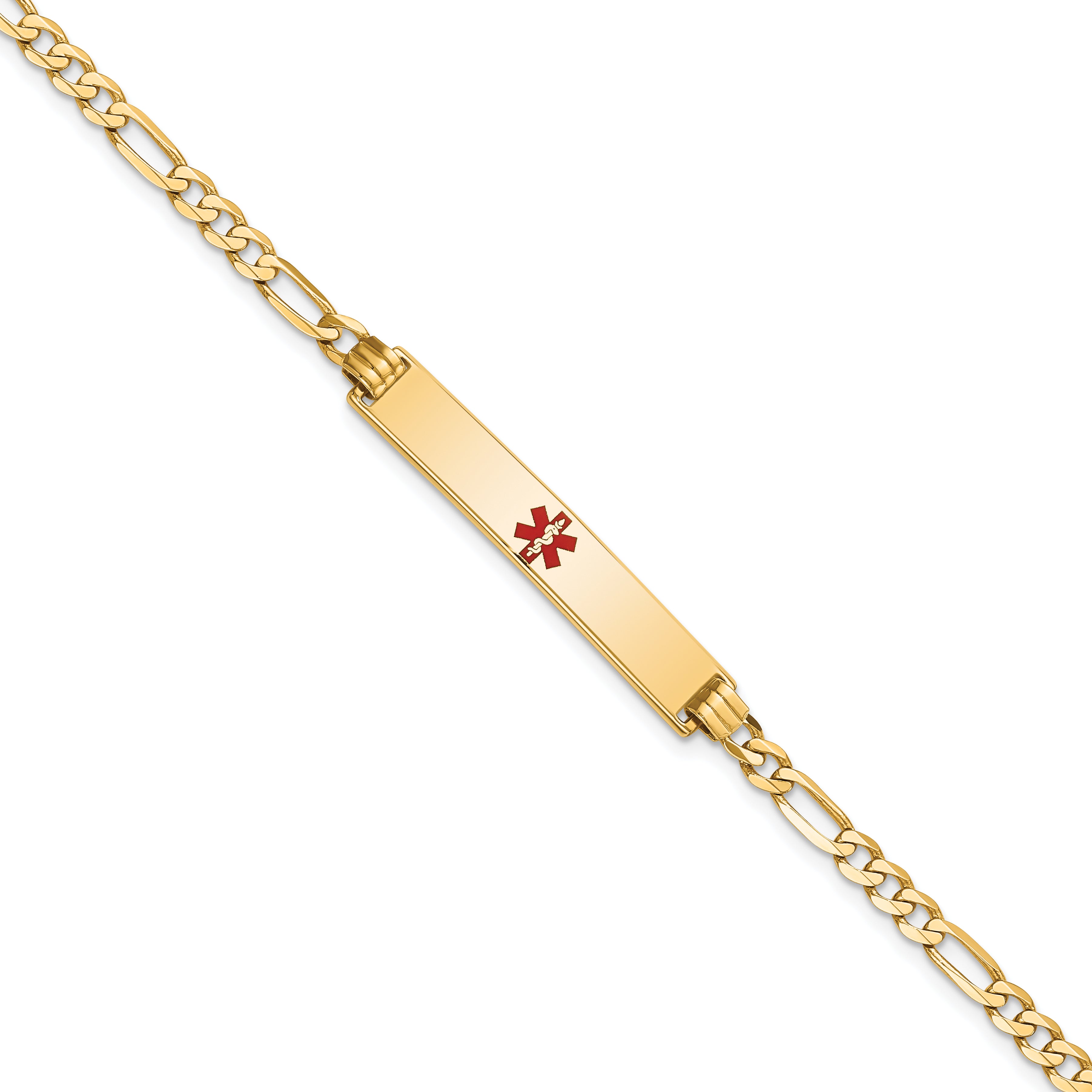 14K Medical Solid Chain/Solid Plate 34x6mm Centered Red Enamel Flat Figaro Link 7 inch ID Bracelet