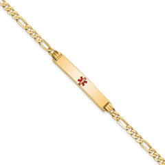 14K Medical Solid Chain/Solid Plate 34x6mm Centered Red Enamel Flat Figaro Link 7 inch ID Bracelet