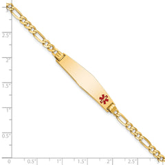 14K Medical Solid Chain/Solid Plate Soft Diamond Shape 33x8mm Off-Center Red Enamel Flat Figaro Link 8 inch ID Bracelet
