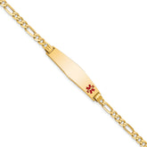 14K Medical Solid Chain/Solid Plate Soft Diamond Shape 33x8mm Off-Center Red Enamel Flat Figaro Link 8 inch ID Bracelet