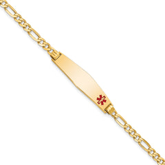 14K Medical Solid Chain/Solid Plate Soft Diamond Shape 33x8mm Off-Center Red Enamel Flat Figaro Link 8 inch ID Bracelet