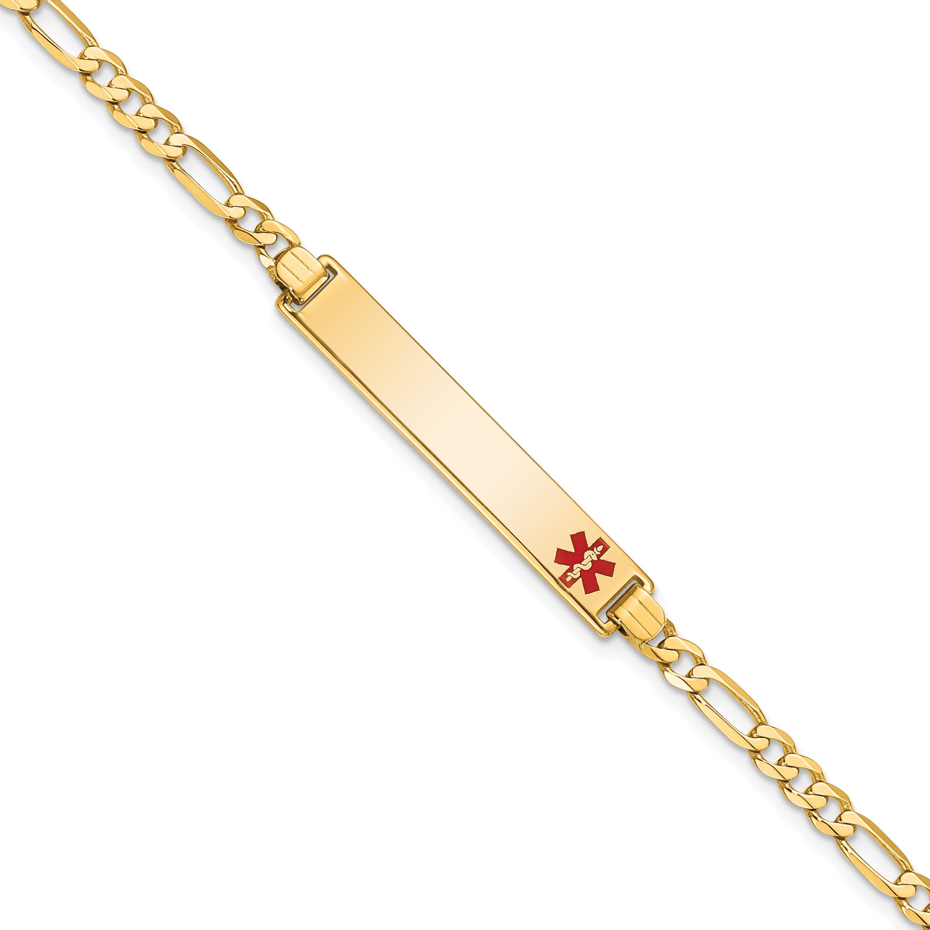 14K Medical Solid Chain/Solid Plate 33x6mm Off-Center Red Enamel Flat Figaro Link 7 inch ID Bracelet