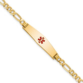 14K Medical Solid Chain/Solid Plate Soft Diamond Shape 33x8mm Centered Red Enamel Flat Figaro Link 7 inch ID Bracelet