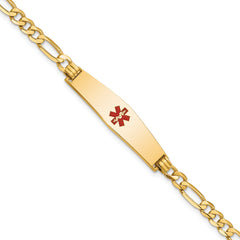 14K Medical Solid Chain/Solid Plate Soft Diamond Shape 33x8mm Centered Red Enamel Flat Figaro Link 7 inch ID Bracelet