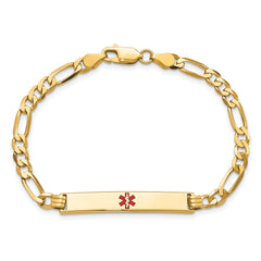 14K Medical Solid Chain/Solid Plate 34x6mm Centered Red Enamel Flat Figaro Link 7 inch ID Bracelet