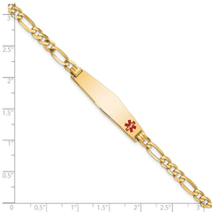 14K Medical Solid Chain/Solid Plate Soft Diamond Shape 33x8mm Off-Center Red Enamel Flat Figaro Link 7 inch ID Bracelet