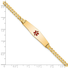 14K Medical Solid Chain/Solid Plate Soft Diamond Shape 33x8mm Centered Red Enamel Flat Curb Link 7 inch ID Bracelet