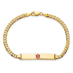 14K Medical Solid Chain/Solid Plate 34x6mm Centered Red Enamel Flat Curb Link 7 inch ID Bracelet