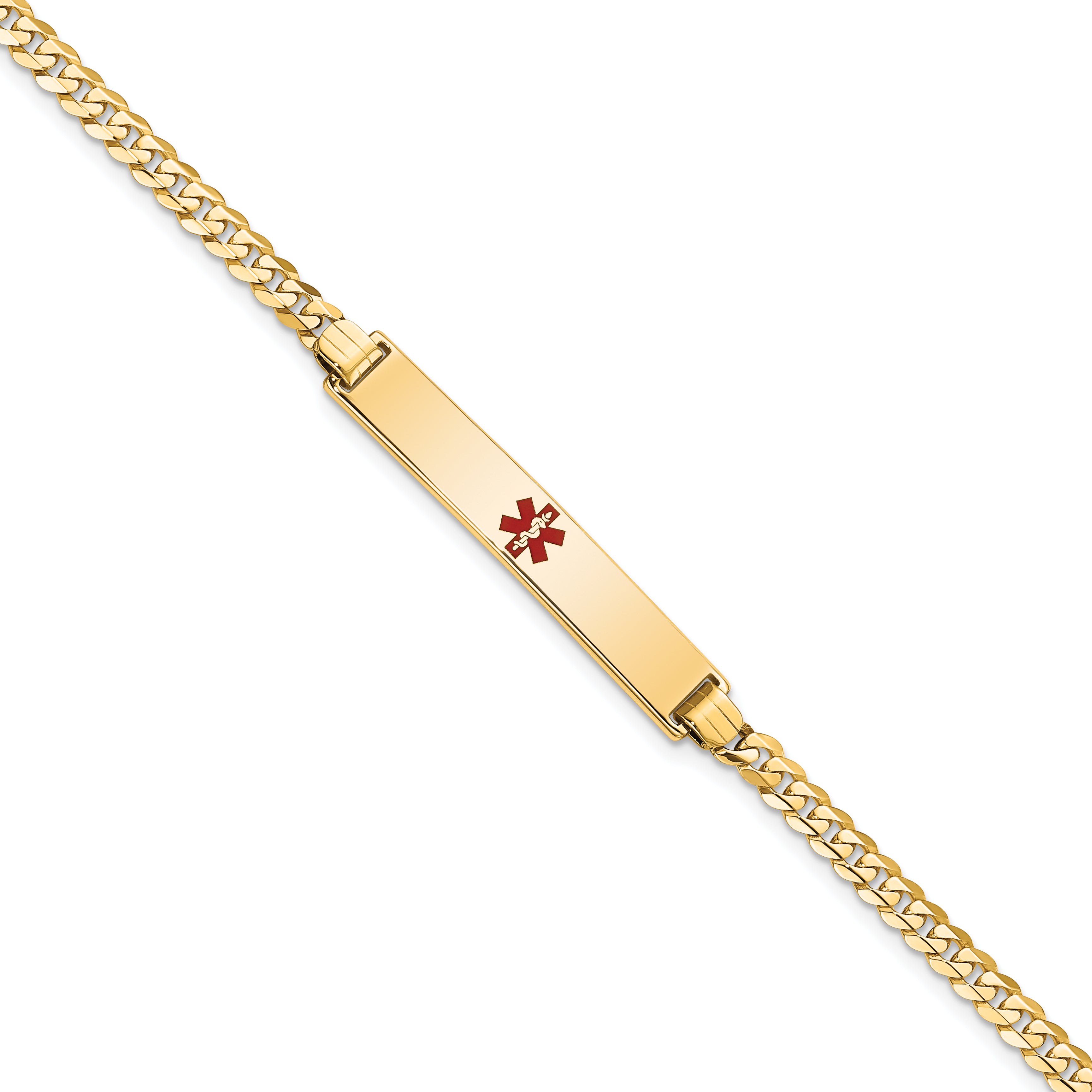 14K Medical Solid Chain/Solid Plate 34x6mm Centered Red Enamel Flat Curb Link 7 inch ID Bracelet