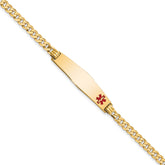 14K Medical Solid Chain/Solid Plate Soft Diamond Shape 33x8mm Off-Center Red Enamel Flat Curb Link 7 inch ID Bracelet