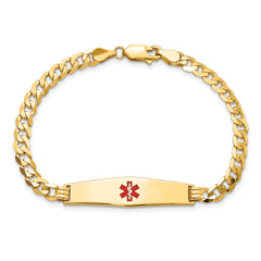 14K Medical Solid Chain/Solid Plate Soft Diamond Shape 33x8mm Centered Red Enamel Flat Curb Link 7 inch ID Bracelet