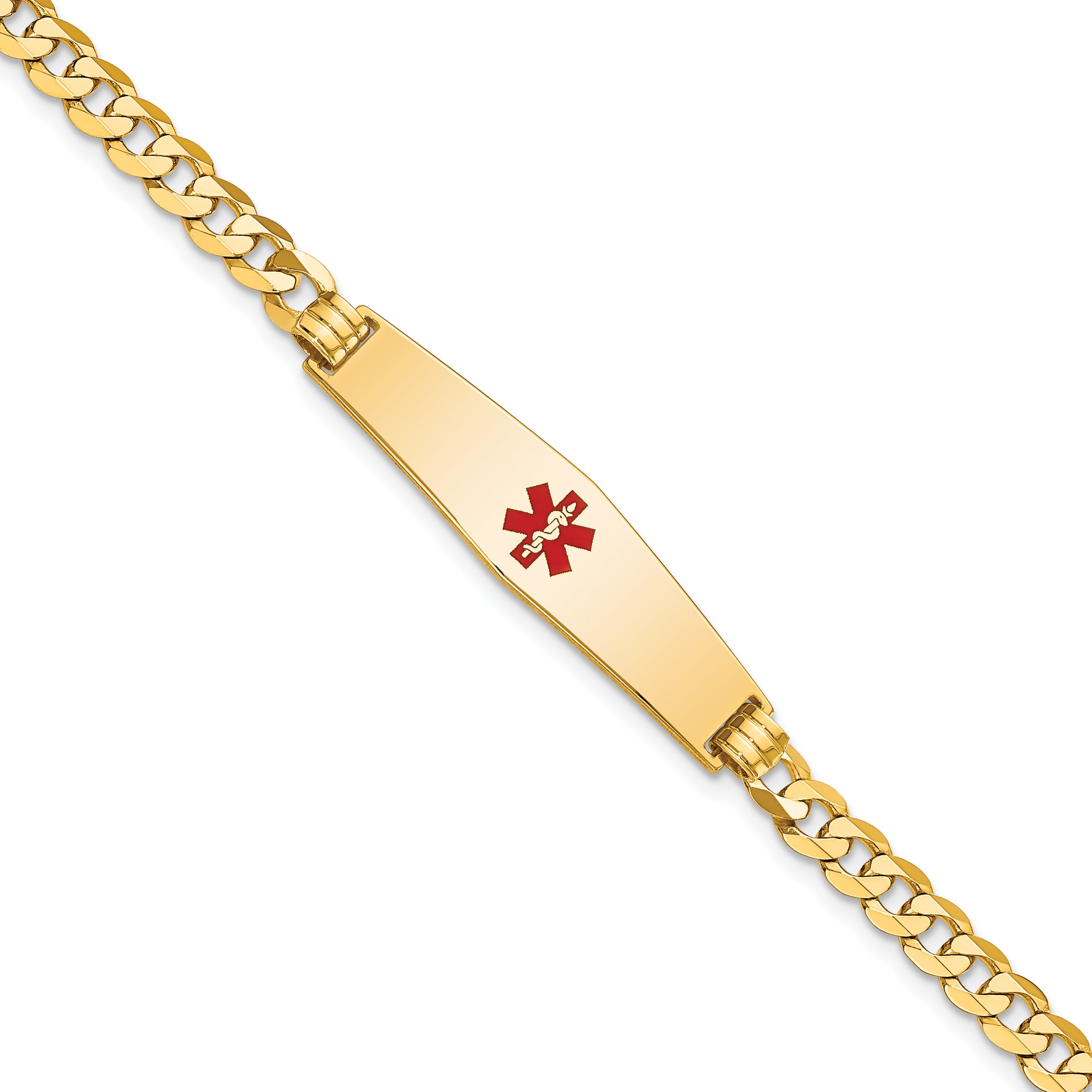 14K Medical Solid Chain/Solid Plate Soft Diamond Shape 33x8mm Centered Red Enamel Flat Curb Link 7 inch ID Bracelet