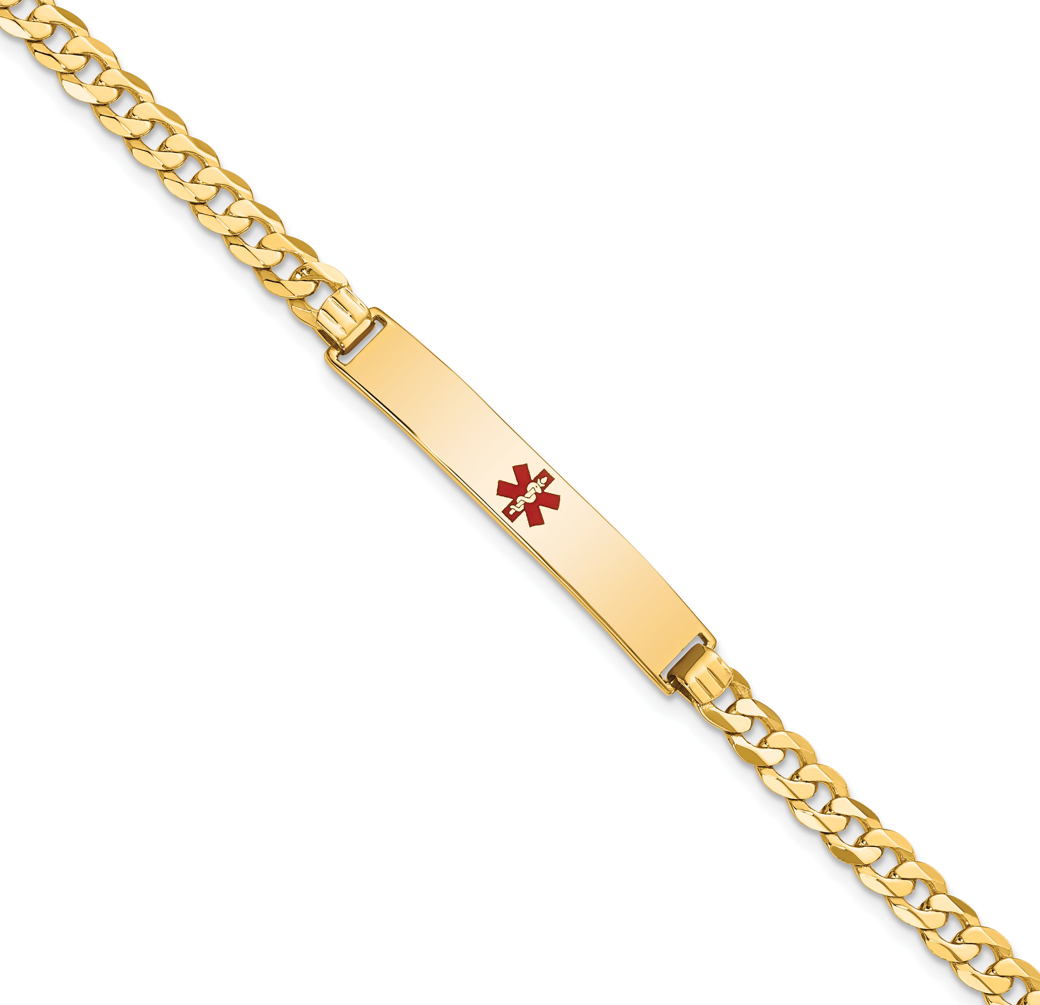 14K Medical Solid Chain/Solid Plate 34x6mm Centered Red Enamel Flat Curb Link 7 inch ID Bracelet