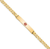 14K Medical Solid Chain/Solid Plate 34x6mm Centered Red Enamel Flat Curb Link 7 inch ID Bracelet