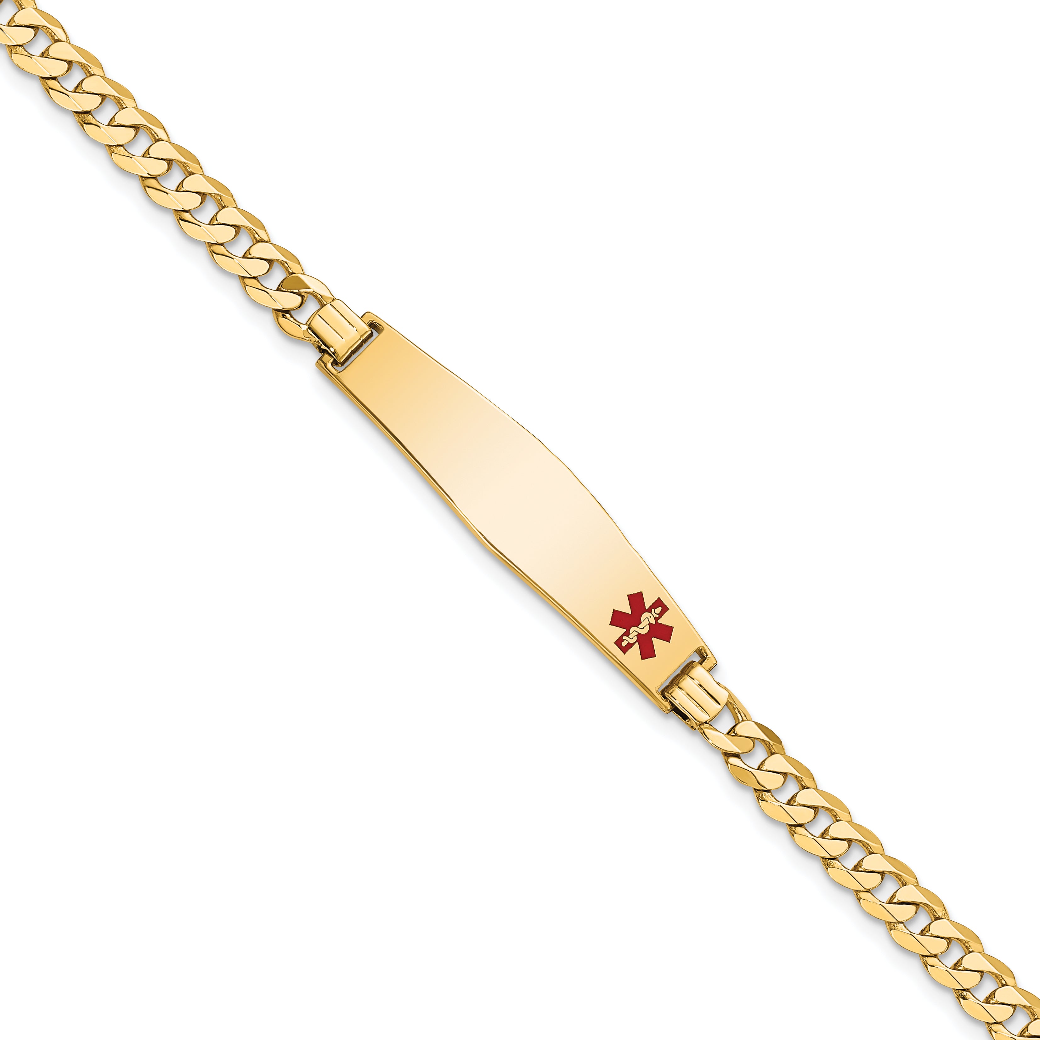 14K Medical Solid Chain/Solid Plate Soft Diamond Shape 33x8mm Off-Center Red Enamel Flat Curb Link 7 inch ID Bracelet