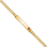 14K Medical Solid Chain/Solid Plate 33x6mm Off-Center Red Enamel Flat Curb Link 7 inch ID Bracelet
