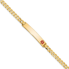 14K Medical Solid Chain/Solid Plate 33x6mm Off-Center Red Enamel Flat Curb Link 7 inch ID Bracelet
