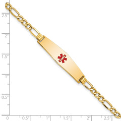 14K Medical Semi-Solid Chain/Solid Plate Soft Diamond Shape 33x8mm Centered Red Enamel Figaro Link 7 inch ID Bracelet