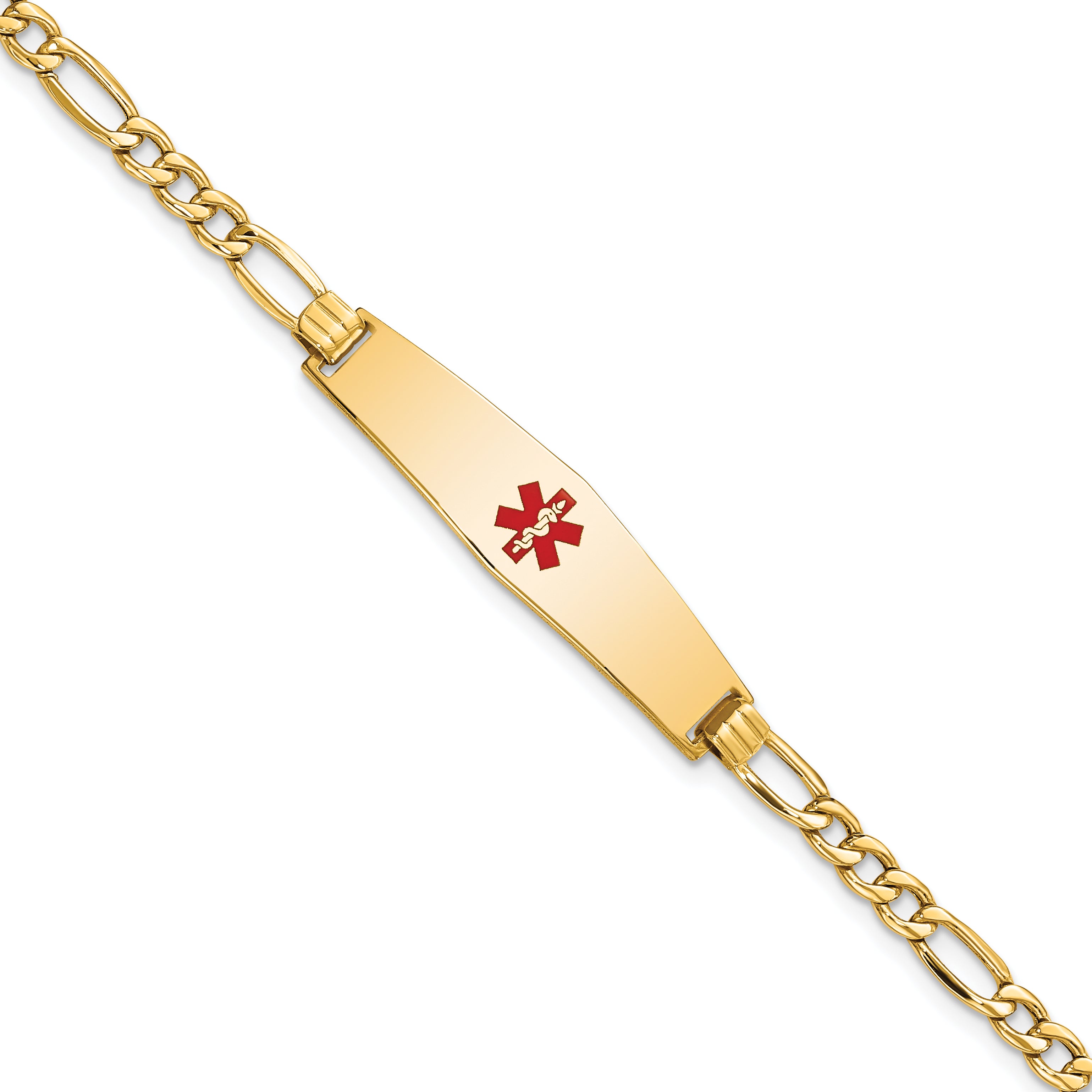 14K Medical Semi-Solid Chain/Solid Plate Soft Diamond Shape 33x8mm Centered Red Enamel Figaro Link 7 inch ID Bracelet
