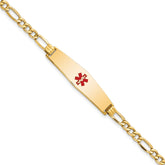 14K Medical Semi-Solid Chain/Solid Plate Soft Diamond Shape 33x8mm Centered Red Enamel Figaro Link 7 inch ID Bracelet