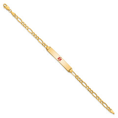 14K Medical Semi-Solid Chain/Solid Plate 34x6mm Centered Red Enamel Figaro Link 7 inch ID Bracelet