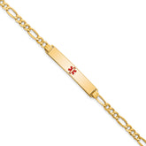 14K Medical Semi-Solid Chain/Solid Plate 34x6mm Centered Red Enamel Figaro Link 7 inch ID Bracelet
