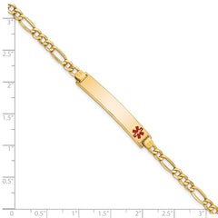 14K Medical Semi-Solid Chain/Solid Plate 35x6mm Off-Center Red Enamel Figaro Link 7 inch ID Bracelet
