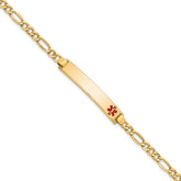 14K Medical Semi-Solid Chain/Solid Plate 35x6mm Off-Center Red Enamel Figaro Link 7 inch ID Bracelet