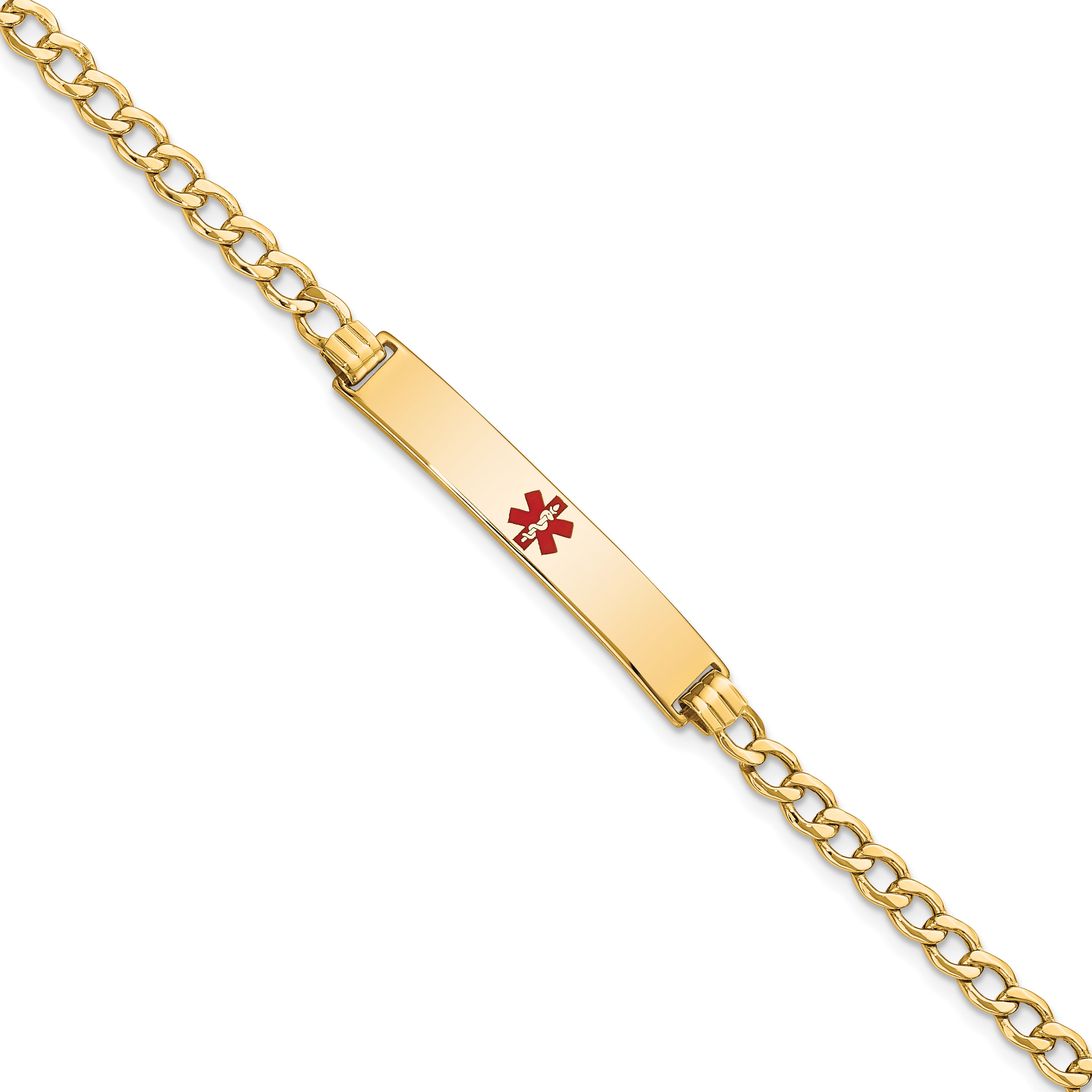 14K Medical Semi-Solid Chain/Solid Plate 34x6mm Centered Red Enamel Curb Link 8 inch ID Bracelet