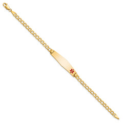 14K Medical Semi-Solid Chain/Solid Plate Soft Diamond Shape 34x8mm Off-Center Red Enamel Curb Link 8 inch ID Bracelet