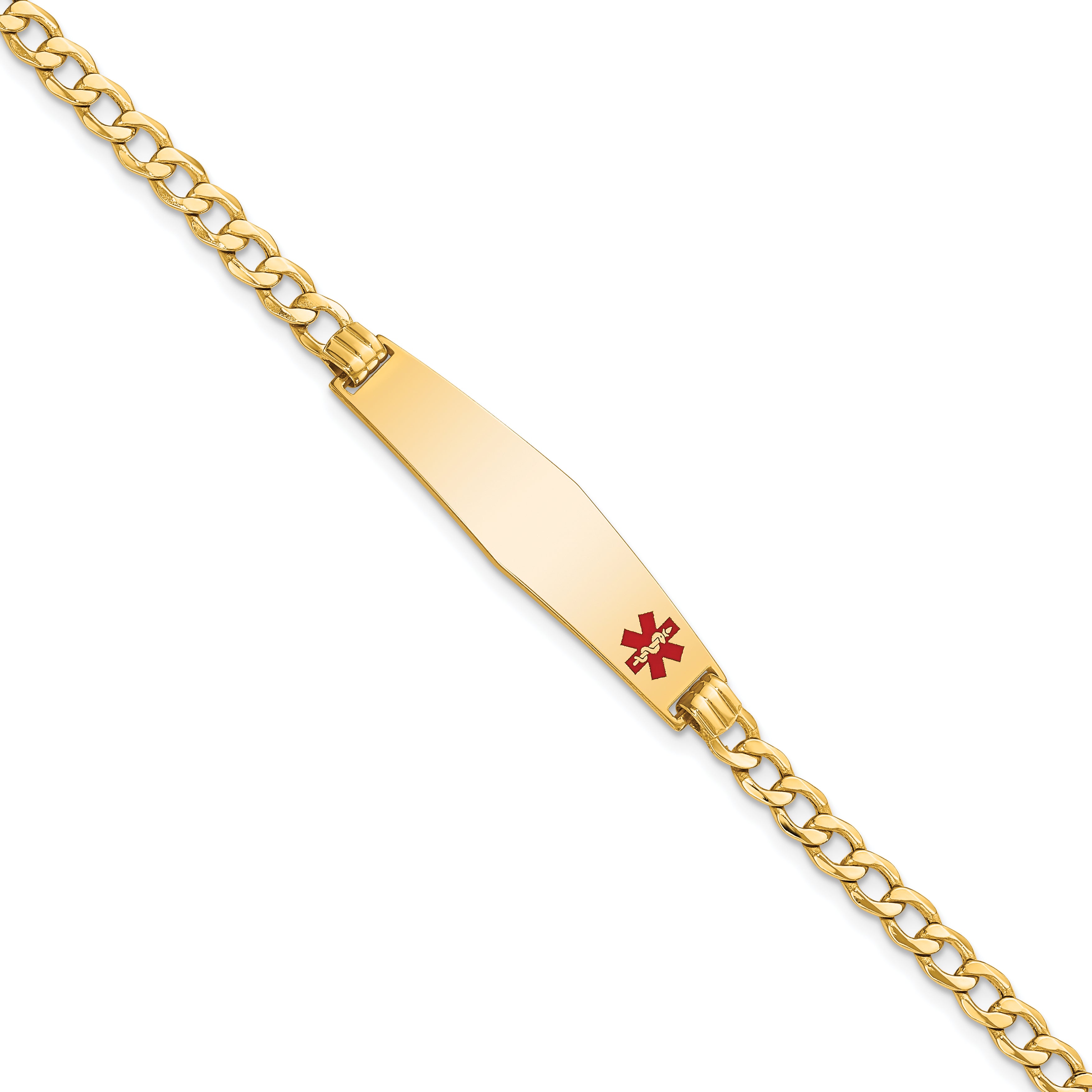 14K Medical Semi-Solid Chain/Solid Plate Soft Diamond Shape 34x8mm Off-Center Red Enamel Curb Link 8 inch ID Bracelet