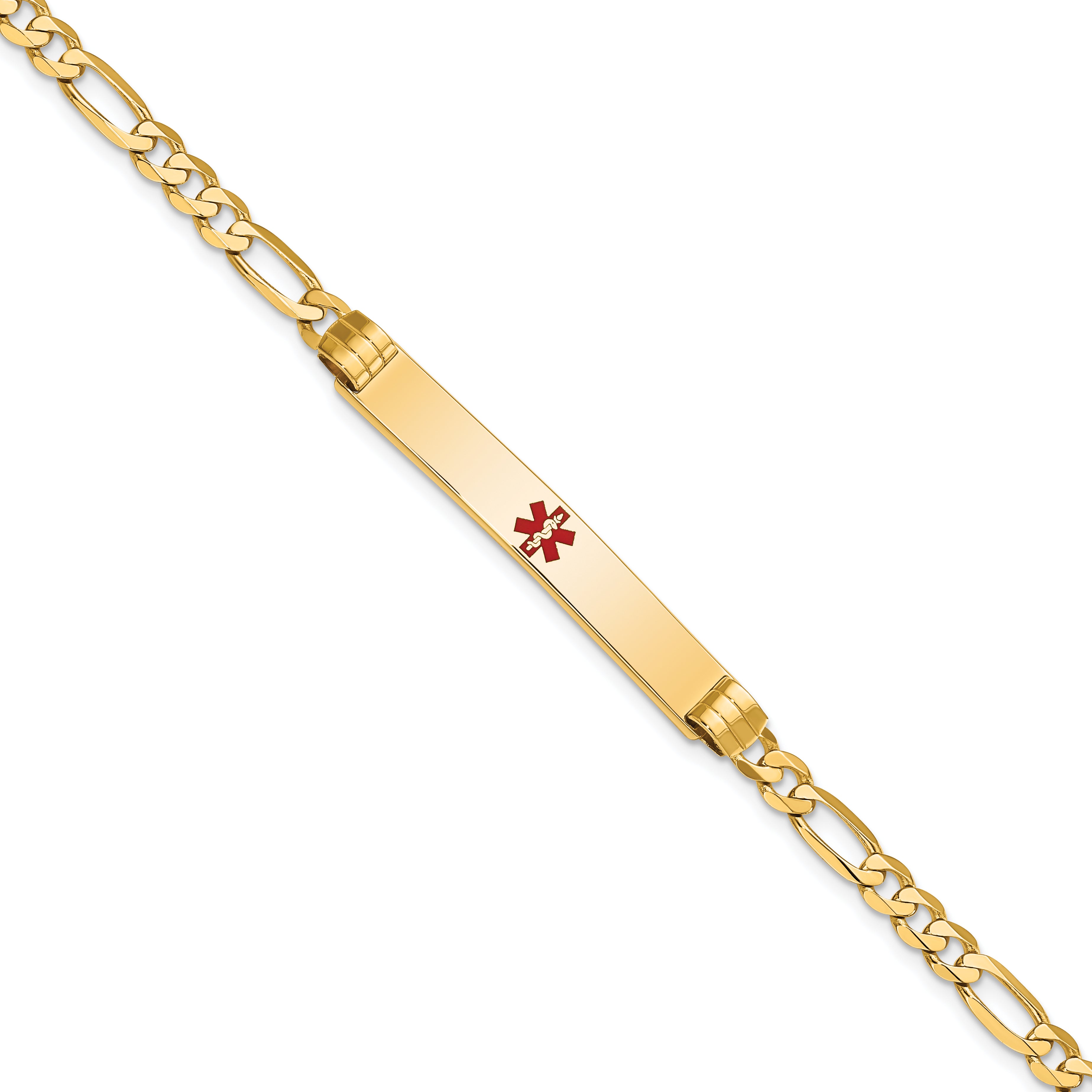 14K Medical Solid Chain/Solid Plate 37x6mm Centered Red Enamel Figaro Link 7 inch ID Bracelet