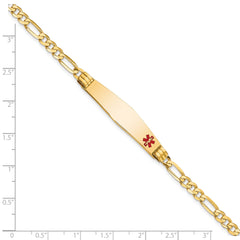 14K Medical Solid Chain/Solid Plate Soft Diamond Shape 36x9mm Off-Center Red Enamel Figaro Link 8 inch ID Bracelet