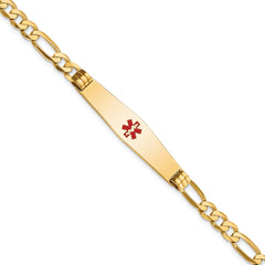 14K Medical Solid Chain/Solid Plate Soft Diamond Shape 36x9mm Centered Red Enamel Flat Figaro Link 7 inch ID Bracelet