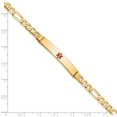 14K Medical Solid Chain/Solid Plate 37x6mm Centered Red Enamel Flat Figaro Link 7 inch ID Bracelet