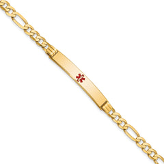14K Medical Solid Chain/Solid Plate 37x6mm Centered Red Enamel Flat Figaro Link 7 inch ID Bracelet