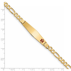 14K Medical Solid Chain/Solid Plate Soft Diamond Shape 36x9mm Off-Center Red Enamel Flat Figaro Link 7 inch ID Bracelet