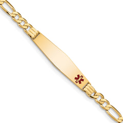14K Medical Solid Chain/Solid Plate Soft Diamond Shape 36x9mm Off-Center Red Enamel Flat Figaro Link 7 inch ID Bracelet