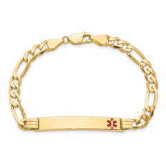 14K Medical Solid Chain/Solid Plate 37x6mm Off-Center Red Enamel Flat Figaro 7 inch Link ID Bracelet