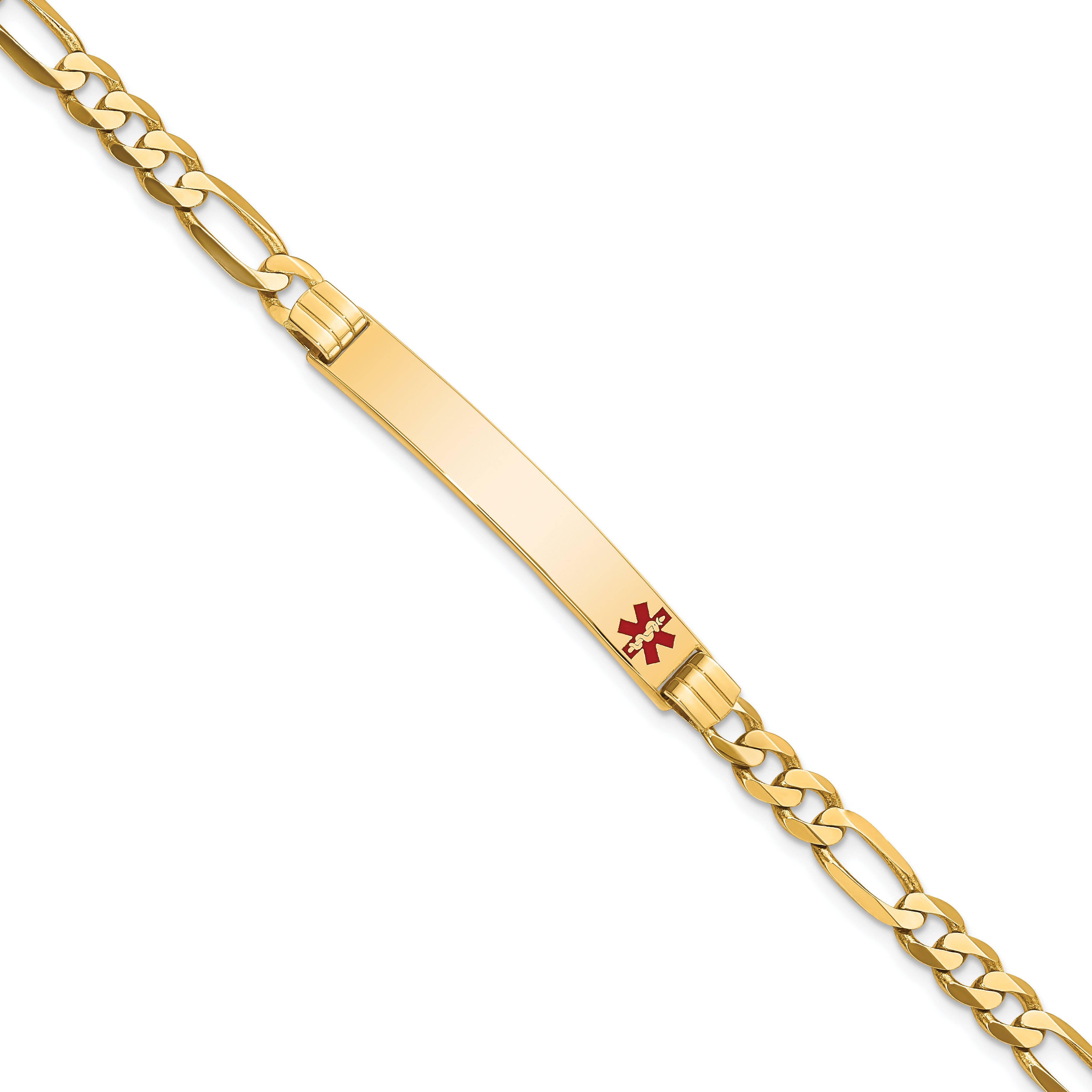 14K Medical Solid Chain/Solid Plate 37x6mm Off-Center Red Enamel Flat Figaro 7 inch Link ID Bracelet