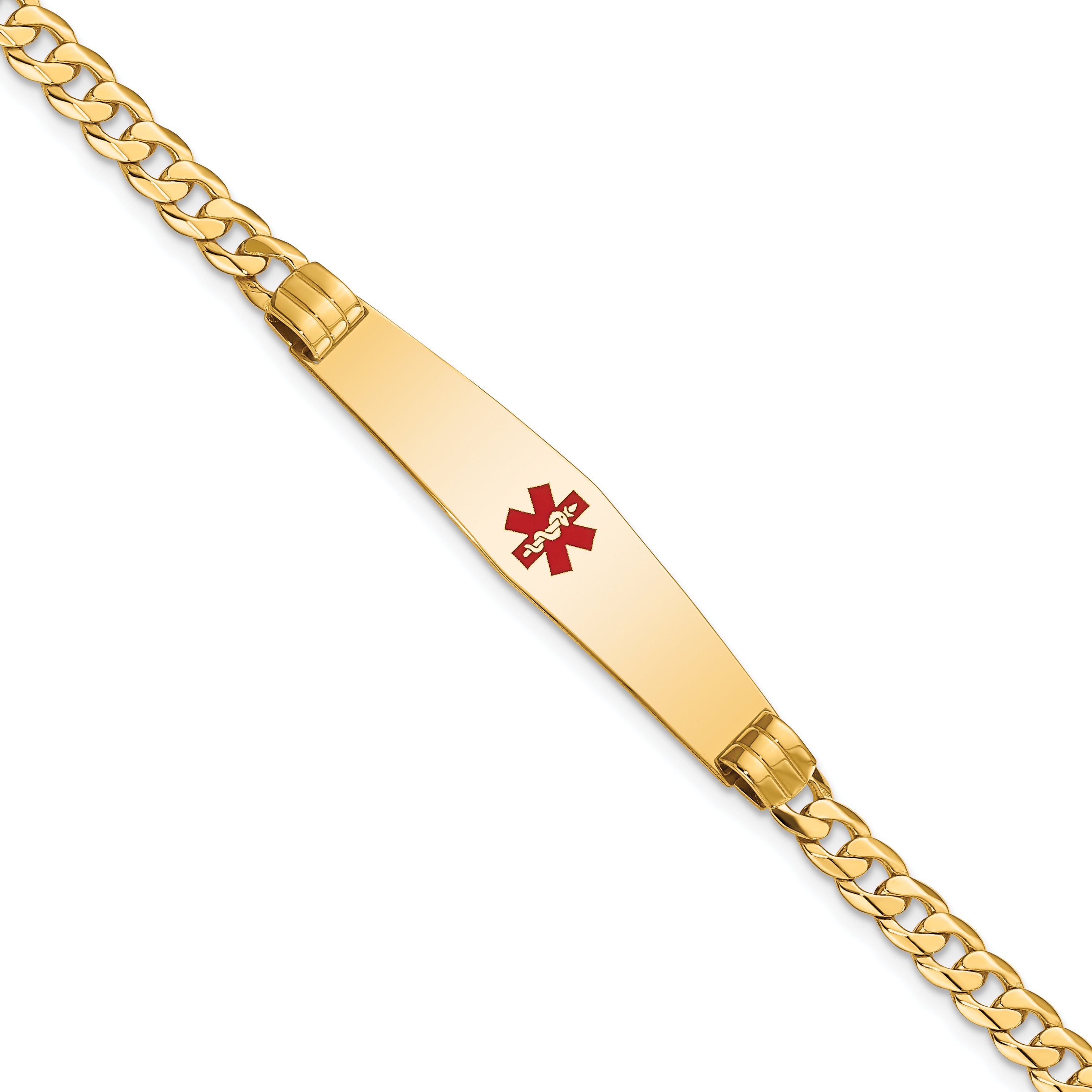 14K Medical Solid Chain/Solid Plate Soft Diamond Shape 36x9mm Centered Red Enamel Curb Link 7 inch ID Bracelet