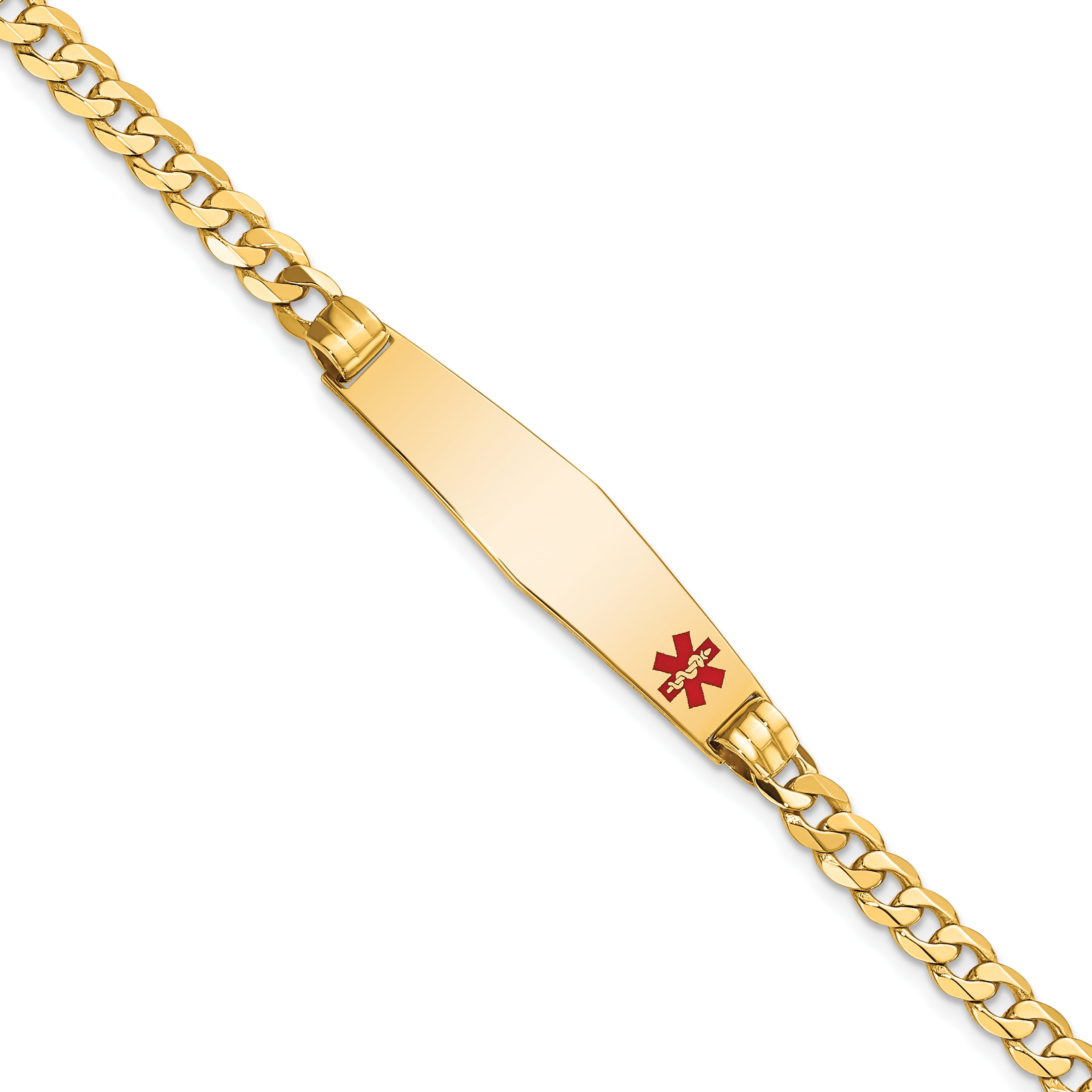 14K Medical Solid Chain/Solid Plate Soft Diamond Shape 36x9mm Off-Center Red Enamel Curb Link 7 inch ID Bracelet