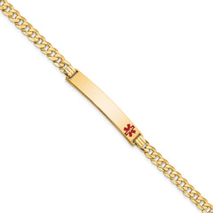 14K Medical Solid Chain/Solid Plate 37x6mm Off-Center Red Enamel Curb Link 7 inch ID Bracelet